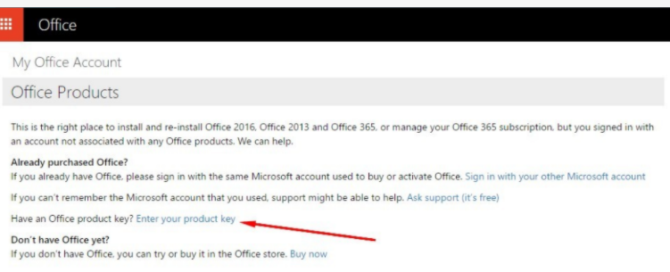 Click Enter the product key link Microsoft Account Microsoft office 2019 activation steps